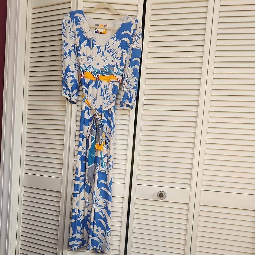 Anthropologie Blue and White Floral Maxi Dress